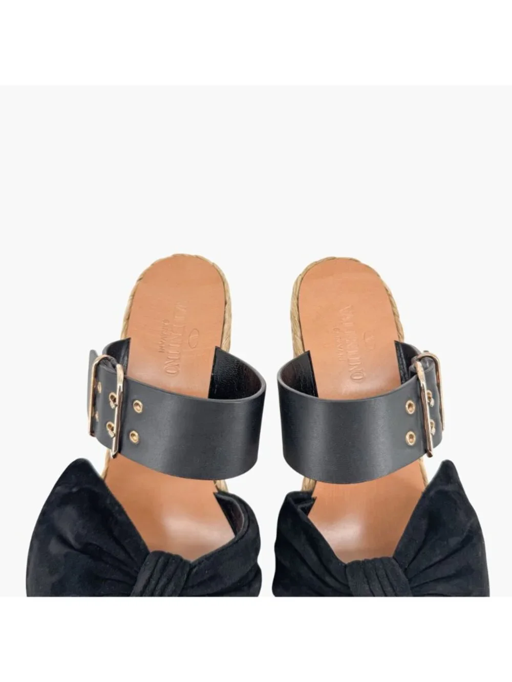 Valentino Black Suede Bow Braided Raffia Espadrille Wedge Sandals Size 38 US 8